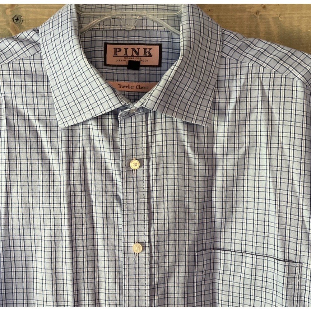 Thomas Pink Shirt Men's 18-35.5" Blue Plaid Traveller Button Up Dress Business